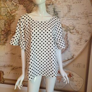 Green Envelope Top Womens size 1X White Black Polka Dot Bell Sleeve Stretch